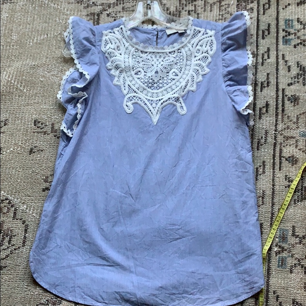 Loft blue and white embroidered flutter sleeve top